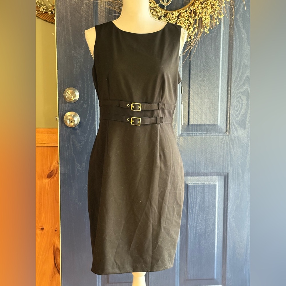 CALVIN KLEIN Women’s 8 Solid Black Double Buckle Waist Sheath Dress NWT